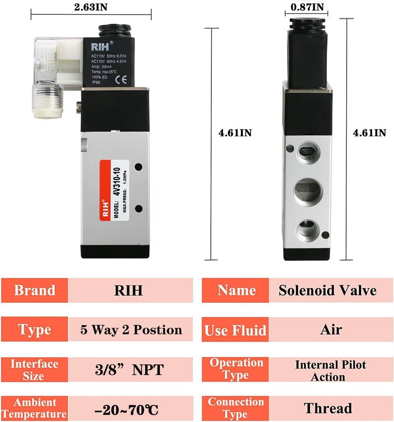 RH Pneumatics Solenoid Valve 4V310-10 12V/24V/110V Series Single Coil Pilot-Operated Electric 2 Position 5 Way Connection Type (AC110V/Junction Box, 3/8"NPT) - Image 2